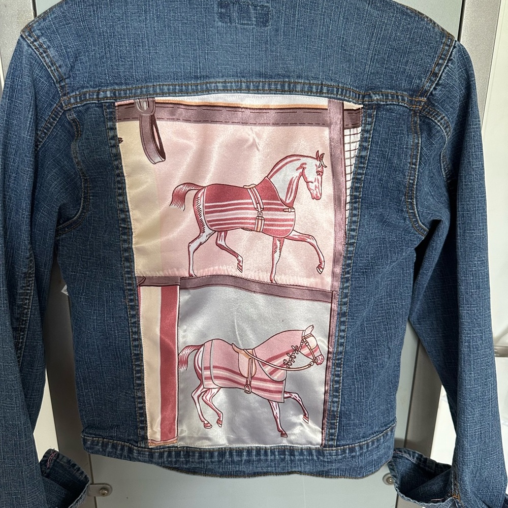 Vintage Levi Denim Jacket. Pink,Horse Print Silk back Panel.Unique, Casual chic.